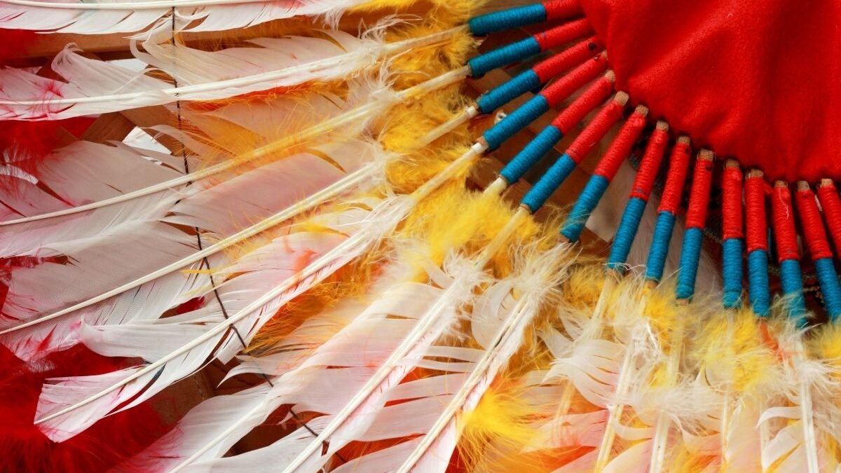 Close-up of colorful feather regalia in red, yellow, and blue tones celebrating Native American culture.
